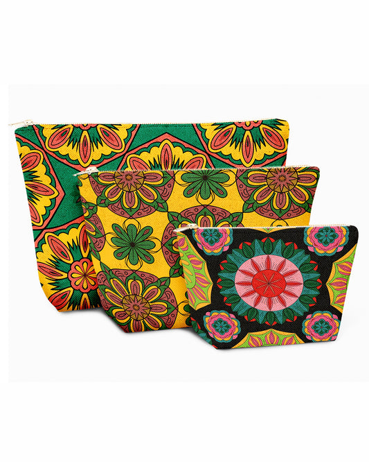 Set of 3 - REPOUCH Essential Zipper Pouch for Makeup Bag in Bohemian Mandala Vintage Colorful Flower 03