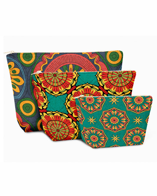 Set of 3 - REPOUCH Essential Zipper Pouch for Makeup Bag in Bohemian Mandala Vintage Colorful Flower 02
