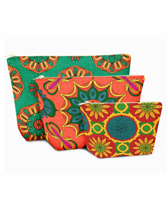 Set of 3 - REPOUCH Essential Zipper Pouch for Makeup Bag in Bohemian Mandala Vintage Colorful Flower 15