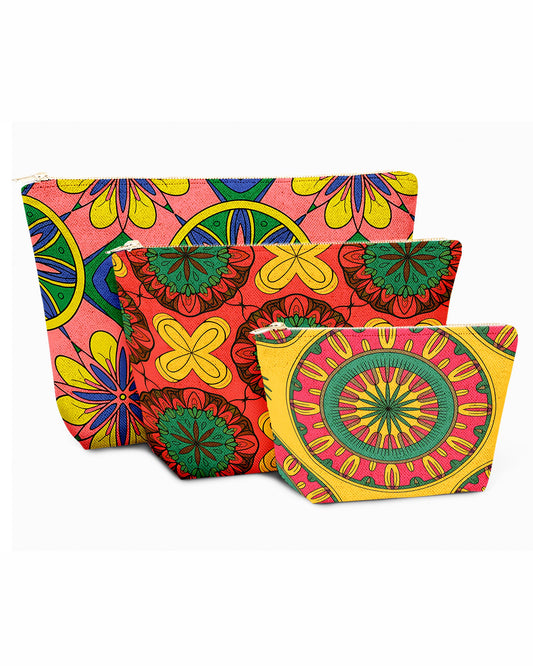 Set of 3 - REPOUCH Essential Zipper Pouch for Makeup Bag in Bohemian Mandala Vintage Colorful Flower 17
