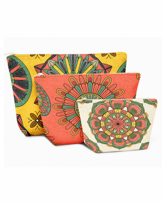 Set of 3 - REPOUCH Essential Zipper Pouch for Makeup Bag in Bohemian Mandala Vintage Colorful Flower 19