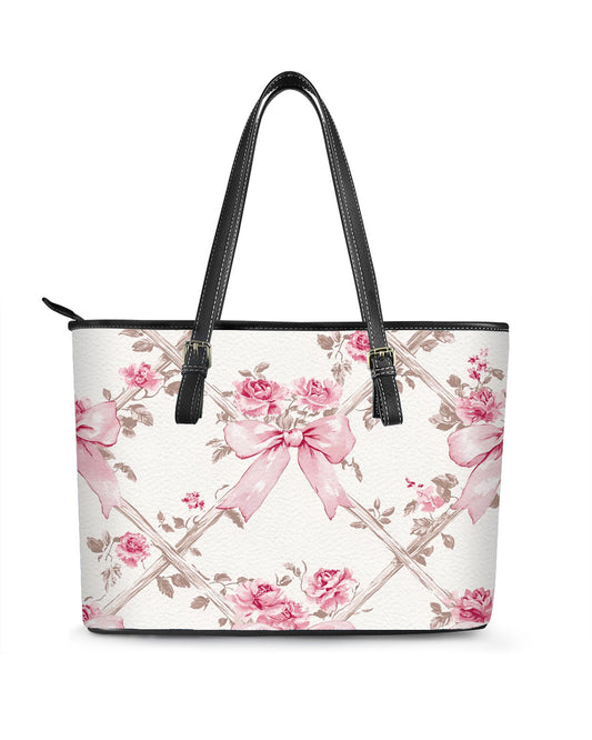 RE:LEATHER Leather Saddle Shoulder Bag with Top Handle Casual Tote Bag in Pink Pastel Ribbon Bow Flower