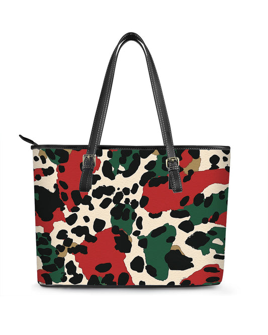 RE:LEATHER Leather Saddle Shoulder Bag with Top Handle Casual Tote Bag in Green Red Black Leopard Print