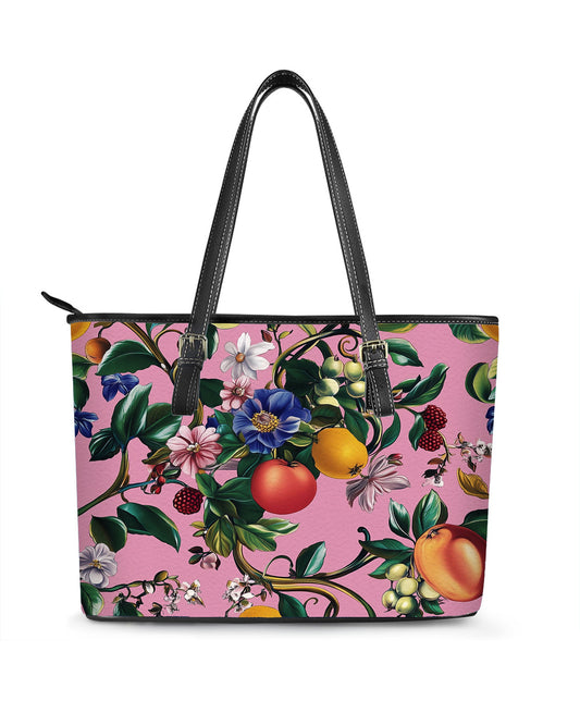 RE:LEATHER Leather Saddle Shoulder Bag with Top Handle Casual Tote Bag in Tomato and Raspberry Flower