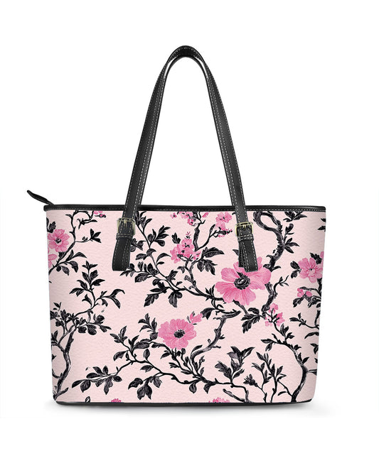 RE:LEATHER Leather Saddle Shoulder Bag with Top Handle Casual Tote Bag in Black and Pink Flower