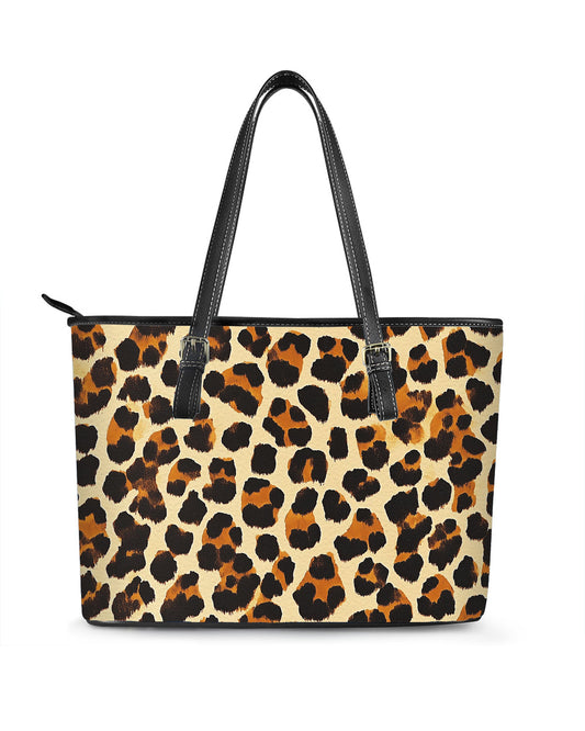 RE:LEATHER Leather Saddle Shoulder Bag with Top Handle Casual Tote Bag in Orange and Brown Leopard Print