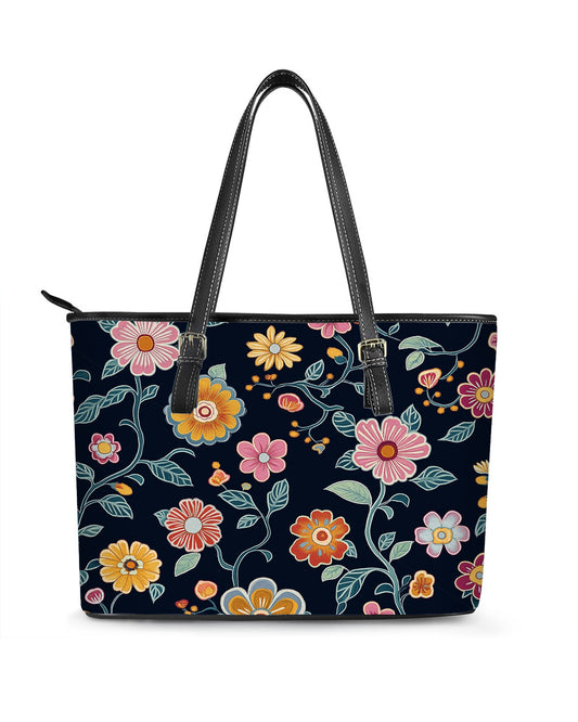 RE:LEATHER Leather Saddle Shoulder Bag with Top Handle Casual Tote Bag in Colorful Dark Blue Flowers