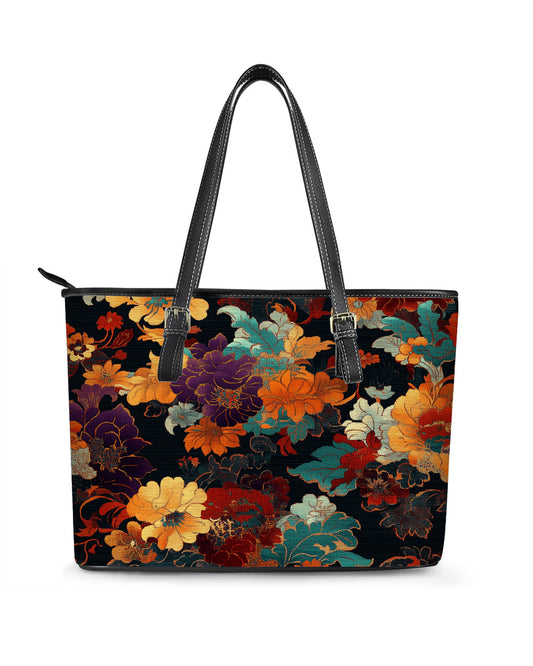 RE:LEATHER Leather Saddle Shoulder Bag with Top Handle Casual Tote Bag in Oriental Brocade Floral