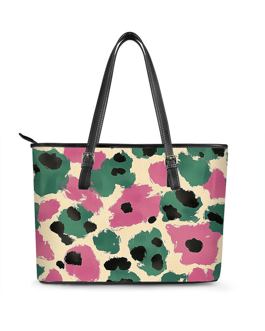 RE:LEATHER Leather Saddle Shoulder Bag with Top Handle Casual Tote Bag in Green Pink Pattern