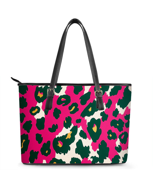 RE:LEATHER Leather Saddle Shoulder Bag with Top Handle Casual Tote Bag in Hot Pink and Green Leopard