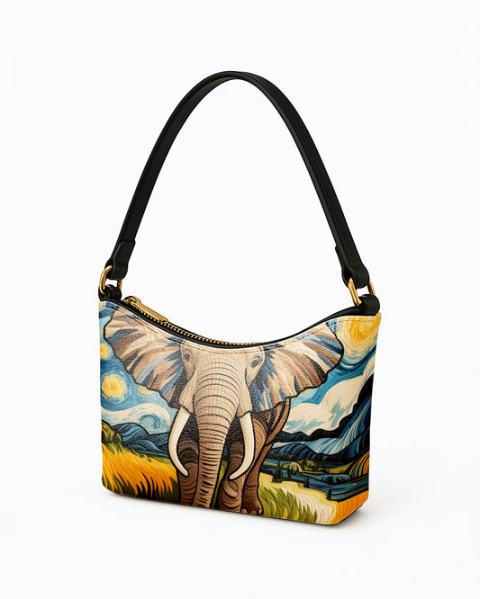 RE:LEATHER Leather Baguette Bag Underarm Shoulder Bag in Starry Night with Elephant 02