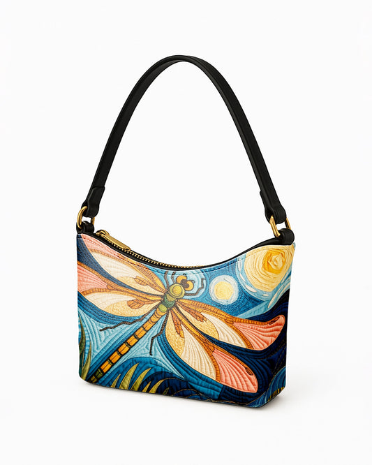 RE:LEATHER Leather Baguette Bag Underarm Shoulder Bag in Starry Night with Colorful Dragonfly
