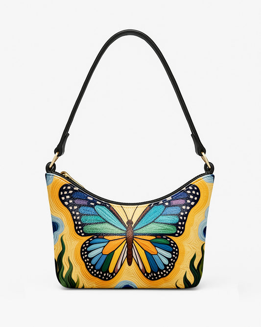 RE:LEATHER Leather Baguette Bag Underarm Shoulder Bag in Colorful Leaf with Butterfly 02