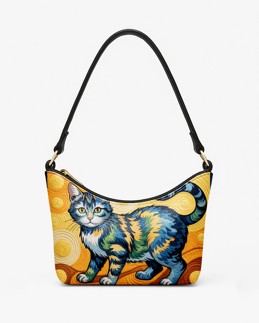 RE:LEATHER Leather Baguette Bag Underarm Shoulder Bag in Starry Night With Colorful Cat 08
