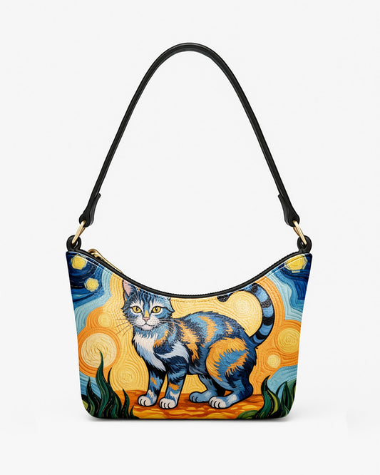 RE:LEATHER Leather Baguette Bag Underarm Shoulder Bag in Starry Night With Colorful Cat 06