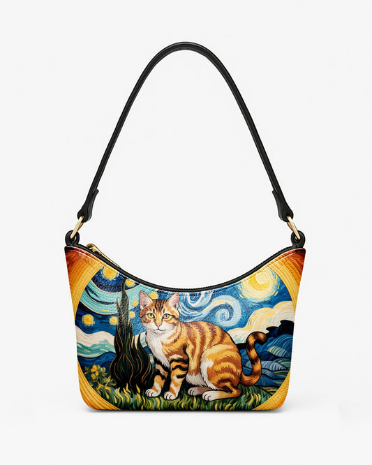 RE:LEATHER Leather Baguette Bag Underarm Shoulder Bag in Starry Night With Colorful Cat 05