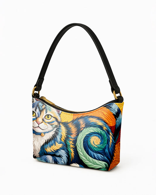 RE:LEATHER Leather Baguette Bag Underarm Shoulder Bag in Starry Night With Colorful Cat 04