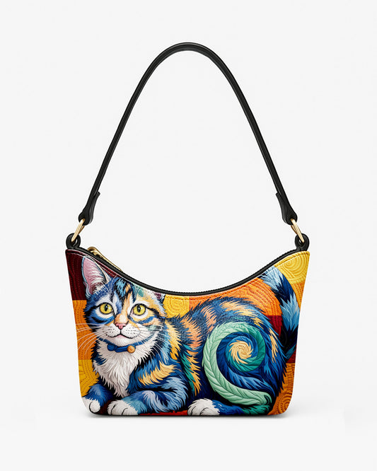 RE:LEATHER Leather Baguette Bag Underarm Shoulder Bag in Starry Night With Colorful Cat 04