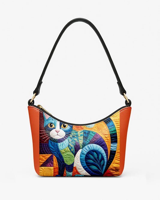 RE:LEATHER Leather Baguette Bag Underarm Shoulder Bag in Starry Night With Colorful Cat 03