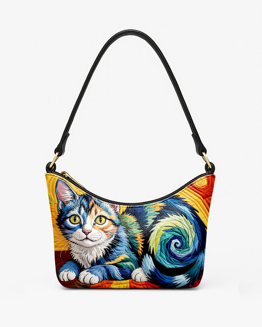 RE:LEATHER Leather Baguette Bag Underarm Shoulder Bag in Starry Night With Colorful Cat 02