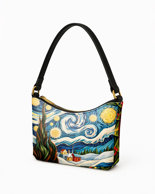 RE:LEATHER Leather Baguette Bag Underarm Shoulder Bag in Starry Night With Snow Home 02