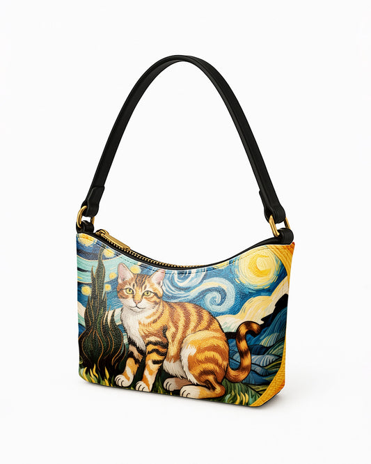 RE:LEATHER Leather Baguette Bag Underarm Shoulder Bag in Starry Night With Colorful Cat 05