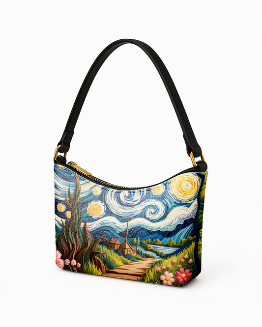 RE:LEATHER Leather Baguette Bag Underarm Shoulder Bag in Starry Night With Forest Flower Home
