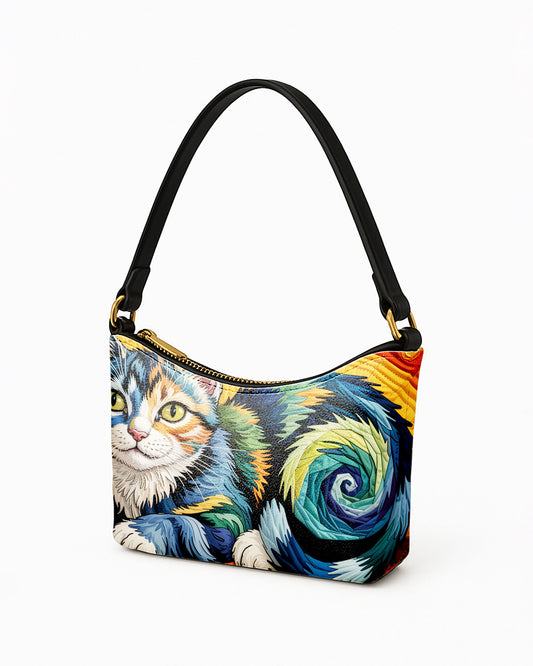 RE:LEATHER Leather Baguette Bag Underarm Shoulder Bag in Starry Night With Colorful Cat 02