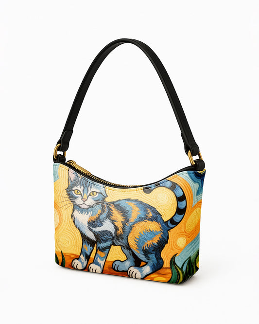 RE:LEATHER Leather Baguette Bag Underarm Shoulder Bag in Starry Night With Colorful Cat 06