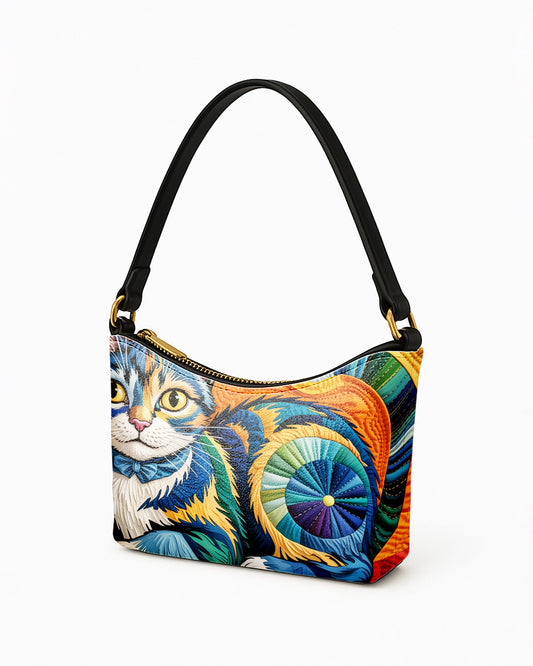 RE:LEATHER Leather Baguette Bag Underarm Shoulder Bag in Starry Night With Colorful Cat 01