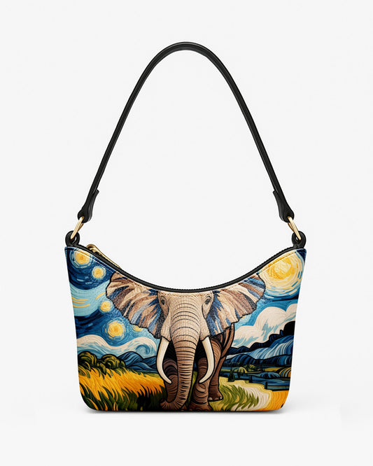 RE:LEATHER Leather Baguette Bag Underarm Shoulder Bag in Starry Night with Elephant 02