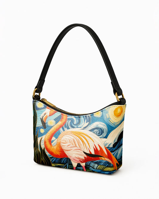 RE:LEATHER Leather Baguette Bag Underarm Shoulder Bag in Starry Night with Flamingo 01
