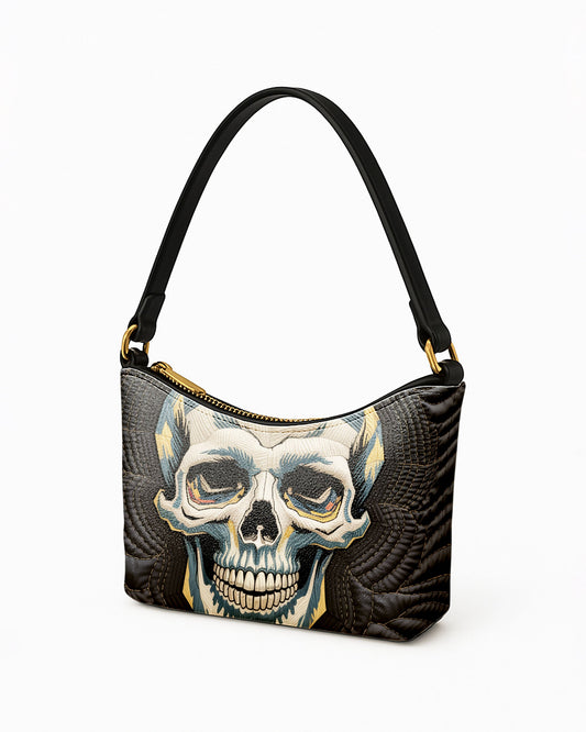 RE:LEATHER Leather Baguette Bag Underarm Shoulder Bag in Skull Motif Black and White