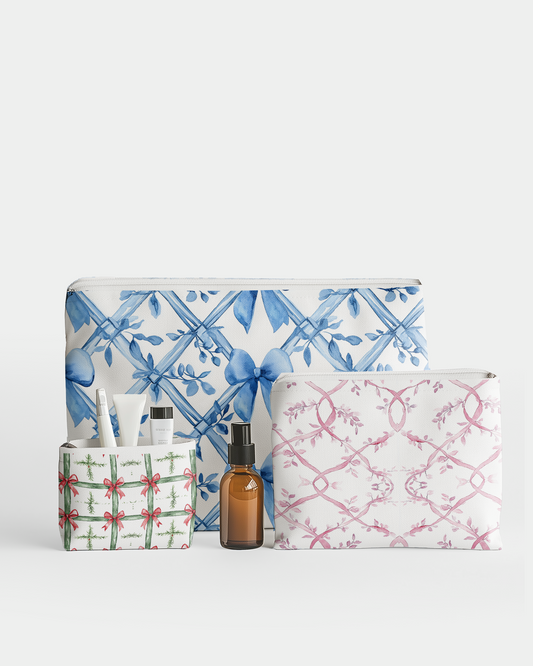 Set of 3 - RE:POUCH Flat Zipper Pouch for Makeup Bag in Pastel Ribbons