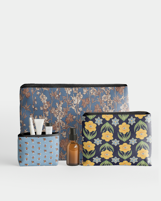 Set of 3 - RE:POUCH Flat Zipper Pouch for Makeup Bag in Vintage Yellow Brown Flower and Bee on Blue