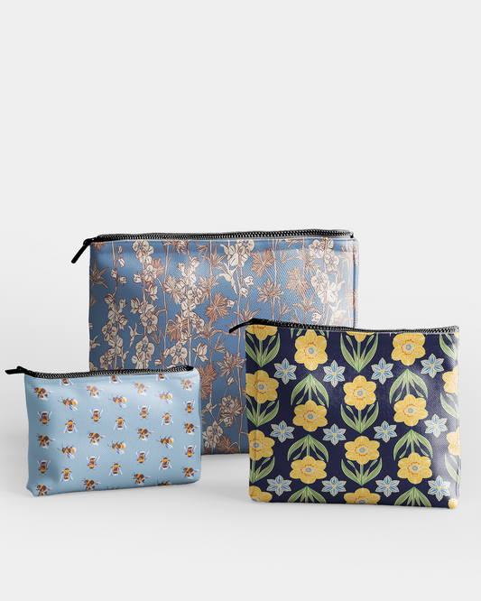 Set of 3 - RE:POUCH Flat Zipper Pouch for Makeup Bag in Vintage Yellow Brown Flower and Bee on Blue