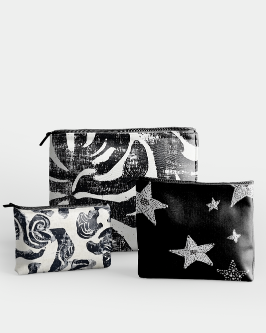Set of 3 - RE:POUCH Flat Zipper Pouch for Makeup Cosmetic Bag in Black and White curves