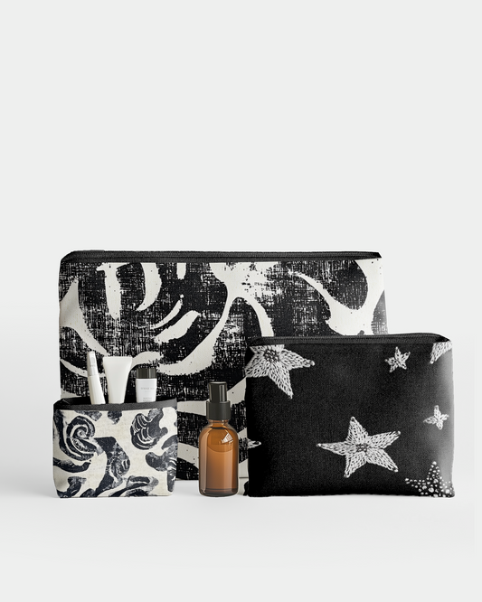 Set of 3 - RE:POUCH Flat Zipper Pouch for Makeup Cosmetic Bag in Black and White curves