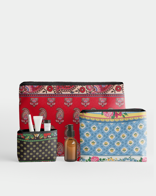 Set of 3 - RE:POUCH Flat Zipper Pouch for Makeup Bag in Tiny Pattern Bohemia Flower