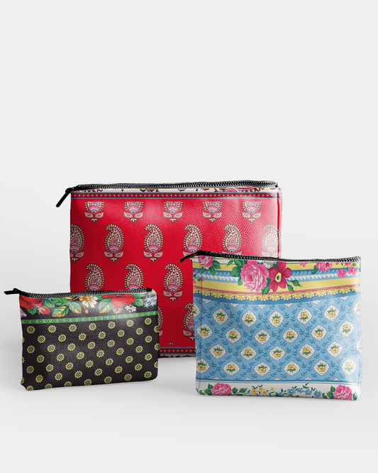 Set of 3 - RE:POUCH Flat Zipper Pouch for Makeup Bag in Tiny Pattern Bohemia Flower