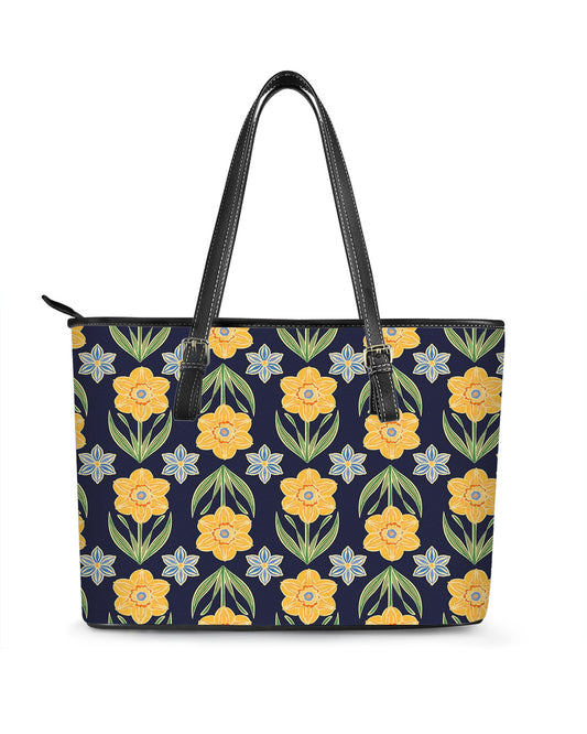RE:LEATHER Leather Saddle Shoulder Bag with Top Handle Casual Tote Bag in Yellow Flower Vintage Dark Blue