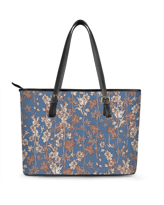 RE:LEATHER Leather Saddle Shoulder Bag with Top Handle Casual Tote Bag in Brown Orchid Flower on Blue