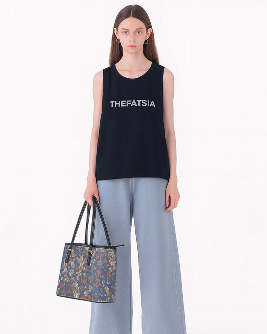 RE:LEATHER Leather Saddle Shoulder Bag with Top Handle Casual Tote Bag in Brown Orchid Flower on Blue