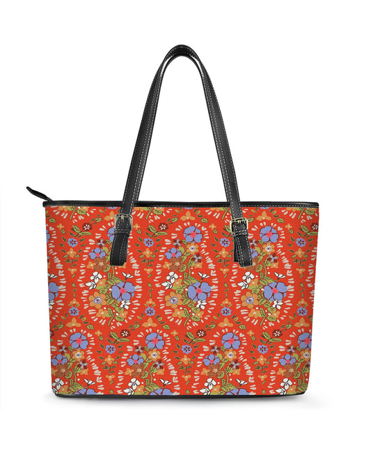 RE:LEATHER Leather Saddle Shoulder Bag with Top Handle Casual Tote Bag in Vintage Tiny Flower Red