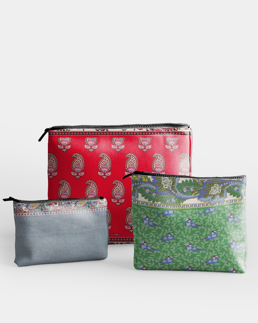 Set of 3 - Pouch Flat Zipper Pouch for Makeup Bag in Bohemia Vintage Colorful Natural Flower and Bird