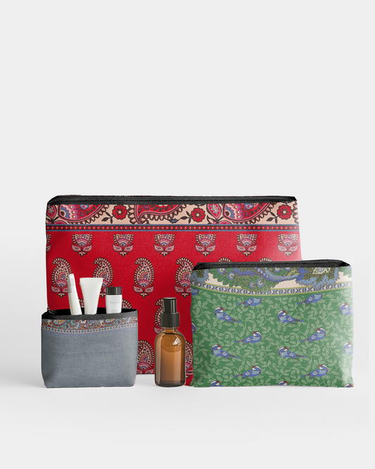 Set of 3 - Pouch Flat Zipper Pouch for Makeup Bag in Bohemia Vintage Colorful Natural Flower and Bird