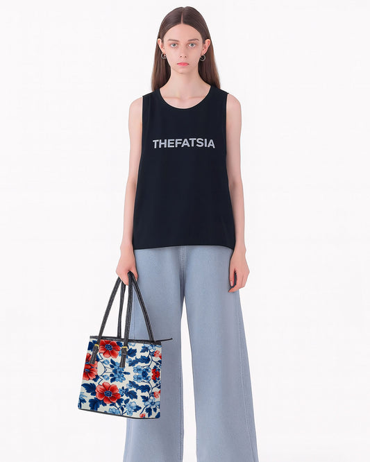 RE:LEATHER Leather Saddle Shoulder Bag with Top Handle Casual Tote Bag in Flower Blue and Red