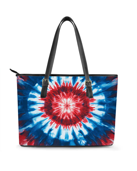 RE:LEATHER Leather Saddle Shoulder Bag with Top Handle Casual Tote Bag in Red White and Blue Tie Dye