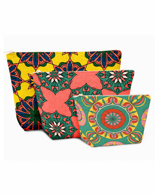 Set of 3 - REPOUCH Essential Zipper Pouch for Makeup Bag in Bohemian Mandala Vintage Colorful Flower 20
