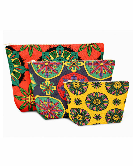 Set of 3 - REPOUCH Essential Zipper Pouch for Makeup Bag in Bohemian Mandala Vintage Colorful Flower 28